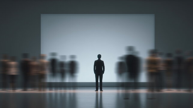 The back view of a man standing alone in front of a blank screen, focused amidst blurry, moving people. Solitude, Contemplation, Isolation, Focus, Leadership, Differentiation Concept.