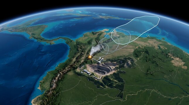 Global flight route network visualization. Satellite view of Earth with dotted airline paths connecting continents. Nighttime city lights and ocean reflections