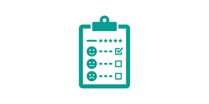 Feedback survey clipboard icon with teal emoji ratings for user reviews.