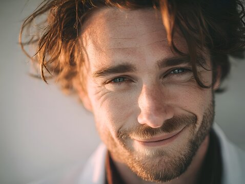 Close up portrait of a smiling man with windblown hair and blue eyes bathed in golden hour light