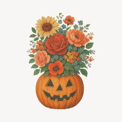 Naklejka premium Floral pumpkin with autumn blooms.