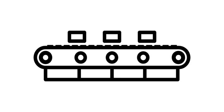 Black conveyor belt with packages flat icon for industrial material flow.