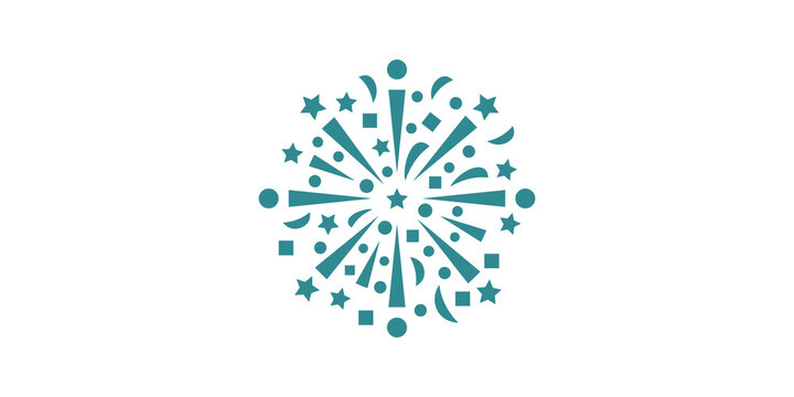 Teal fireworks explosion with stars and circles for celebration event.