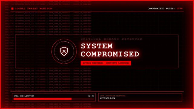 Global threat monitor data exfiltration cyberattack red screen.