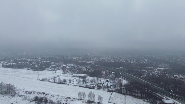 Winter aerial view of snow-covered countryside