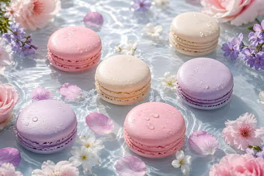 Pastel french macarons floating on clear water surface surrounded by spring flower petals