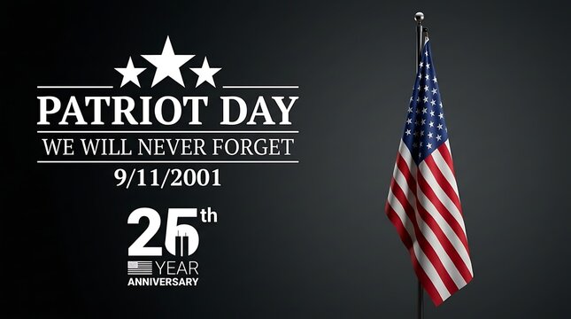 Patriot day commemorative graphic with american flag and solemn message we will never forget 9 11 2001 marking 25th anniversary remembrance.