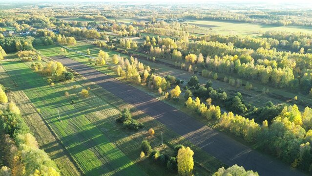 Aerial view of autumn fields and colourful trees