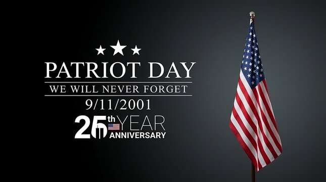 Patriot day commemorative graphic with american flag and solemn message we will never forget 9 11 2001 marking 25th anniversary remembrance.