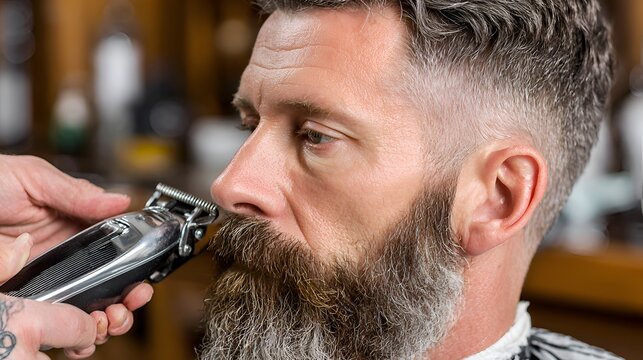 Close up of a barber trimming a bearded man's mustache with electric clippers in a barbershop