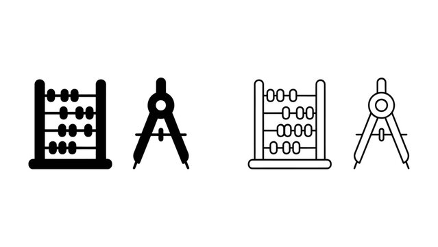 Abacus and Compass Icons: A set of graphic icons featuring an abacus and a drafting compass, presented in both solid black and outline styles, representing calculation and geometric design.