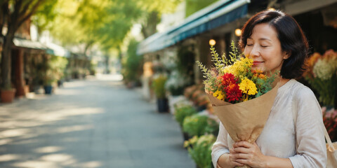 Fototapeta premium Asian woman smiles with closed eyes while holding a colorful bouquet on a sunny pedestrian street lined with plants and storefronts.
