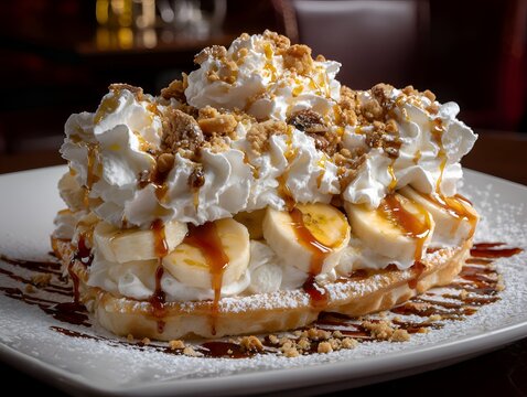 Gourmet banana split waffle topped with whipped cream, caramel sauce, and crunchy nuts
