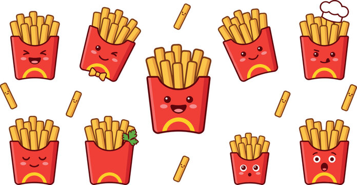 Cute French fries character mascot vector sticker set featuring funny cartoon fast food emojis in red boxes and individual potato fry icons