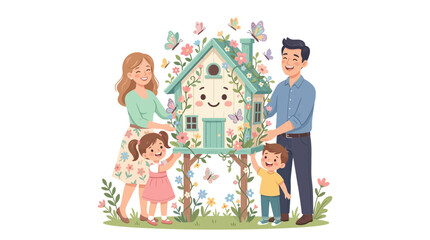 Naklejka premium Happy family building a decorative garden birdhouse