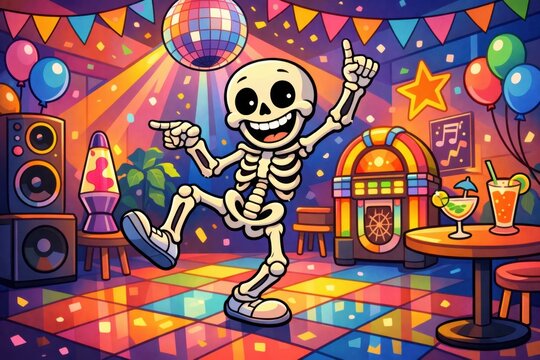 Colorful cartoon skeleton dancing at a festive Halloween party with balloons and music