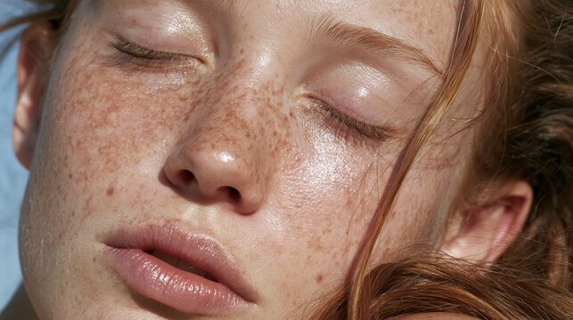 Extreme close up of freckled woman's face with closed eyes and natural skin texture