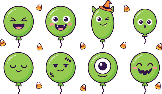 Cute Halloween green balloon character vector set featuring spooky cartoon monster cyclops vampire and devil emoji sticker collection with candy corn