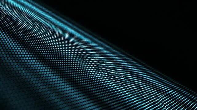 Cyan luminous dot fabric wave sweeping diagonally across black space, seamless futuristic data mesh loop with flowing micro lights, soft depth, minimal technology backdrop and generous dark copy area