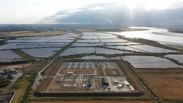 Aerial View of Cleve Hill Solar Park Generating Green Power in Kent, UK