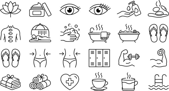 Spa wellness and fitness vector icon set with massage hot stones bathtub lotus flower weights towels and skincare