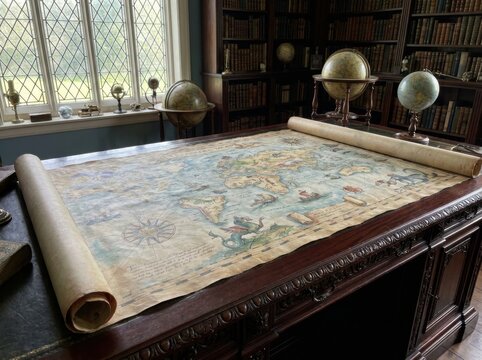 An antique world map spread across a rich dark wooden desk surrounded by tall bookshelves filled with books and various globes under leaded windows. Evokes history exploration and knowledge.