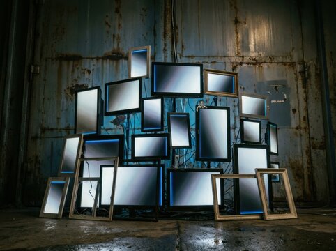 A mesmerizing installation of vintage monitors and empty frames glowing with an ethereal blue light against a grimy rusted wall highlighting technological obsolescence and digital art