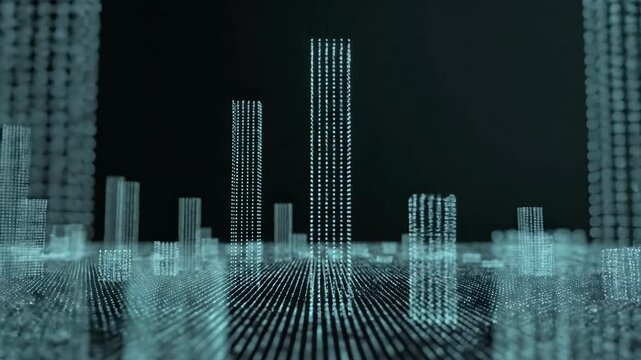 Teal luminous point columns rising like an abstract data skyline above a reflective gridded floor, seamless dark technology loop with varied tower heights, spatial depth, and an open central horizon