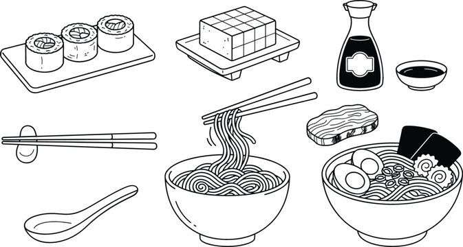 Sushi vector illustration set with ramen noodle bowl chopsticks soy sauce tofu spoon icons isolated on white background