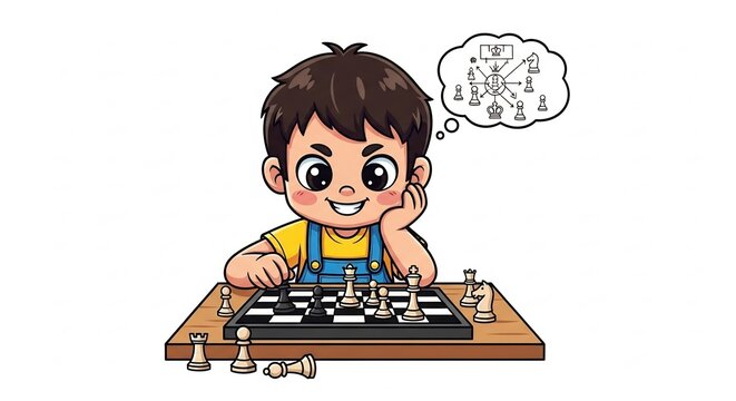 Young Boy Concentrating on Chess Strategy: A smiling young boy in overalls intently plays chess, deep in thought, visualizing his next move on the checkered board.