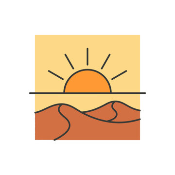 Minimalist Desert Landscape with Sun Rising Over Sand Dunes Illustration