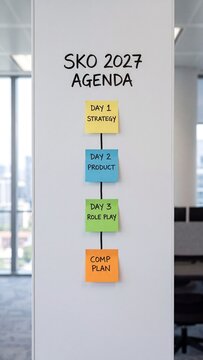 SKO 2027 Agenda on office wall, sales kickoff strategy with colorful sticky notes, corporate planning timeline for business event