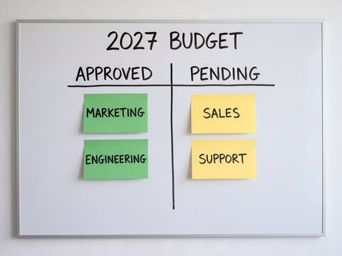 2027 budget planning on whiteboard, approved and pending financial status, corporate strategy with sticky notes