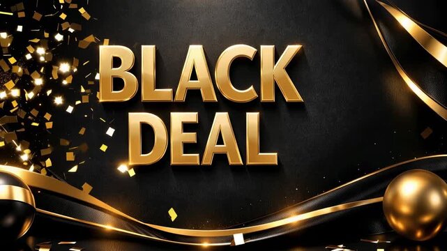 Luxury Black Deal promotional banner with gold confetti ribbons and elegant dark background