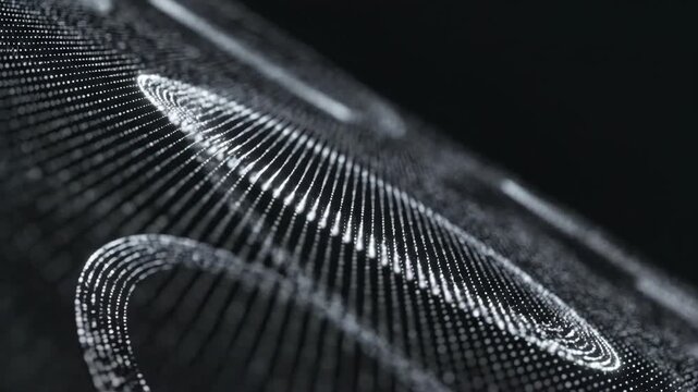 Silver particle ribbons folding into layered curves above a dotted surface, seamless abstract data fabric loop with sculptural arcs, shallow focus, monochrome shimmer, and generous black copy space