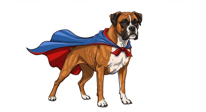 Boxer Dog Superhero: A courageous Boxer dog stands tall, donning a blue and red superhero cape and bowtie, embodying strength and loyalty.