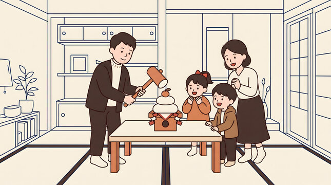 和室で木槌を使って鏡餅を割る父親と見守る家族