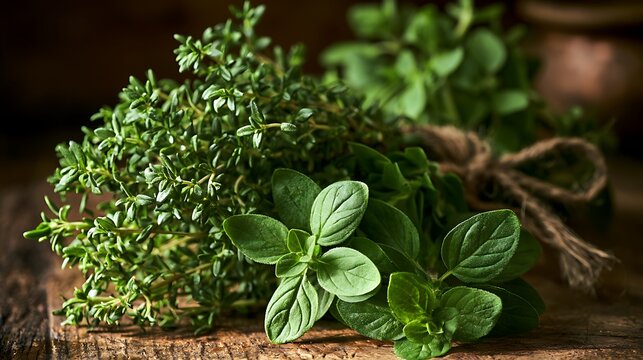 Fresh aromatic herbs thyme and oregano on a rustic wooden table.