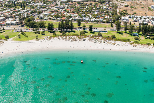 overhead aerial of stunning shite sandy beach in fremantle