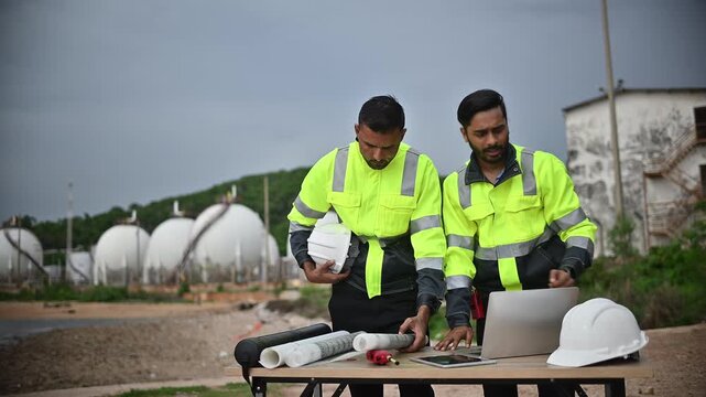 Engineers wearing safety gear, including hard hats examining survey a large blueprint tablet standing industrial facility gas or oil refinery engaged in a job requires high safety standards concept.	