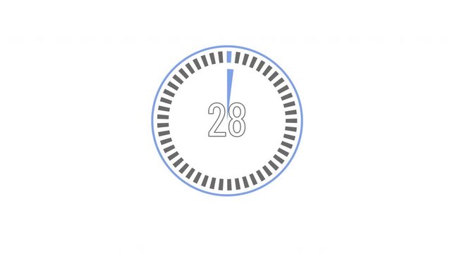 30 Second Digital Circular Countdown Timer Animation with Stopwatch Style Dial and Transparent Alpha Background for Video Overlays, Broadcasts, Presentations, Events, Exercise and Motion Graphics