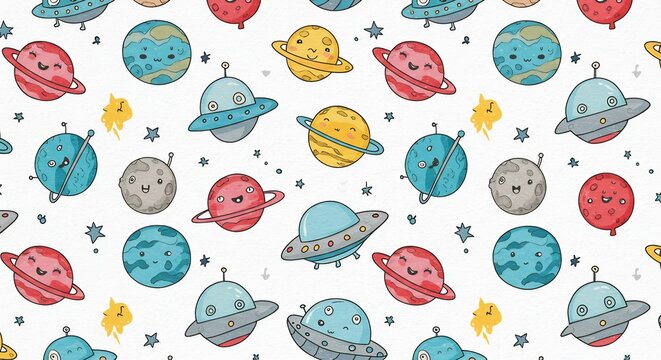 Cute Cartoon Space Planets and UFOs Pattern: A whimsical and colorful pattern featuring adorable cartoon planets with smiling faces and flying saucers, set against a starry background.