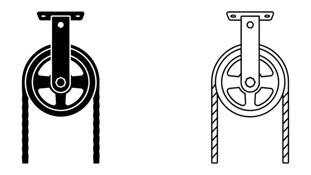 Pulley System Icon Set: A clean, minimalist graphic representation of a pulley system, showing both a solid black icon and an outline version, ideal for technical or educational contexts.