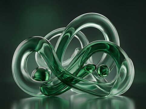 Elegant green glass sculpture with flowing curves and reflective surface against a dark background