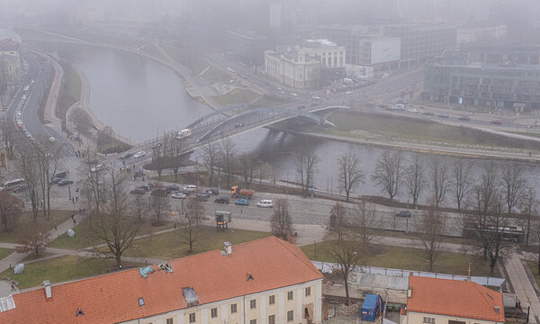 View of the Grand Dukes' Palace, the Cathedral Basilica, and the Bell Tower on the Cathedral Square, as seen from Gediminas Tower on a cloudy, foggy winter morning, Vilnius, Lithuania
