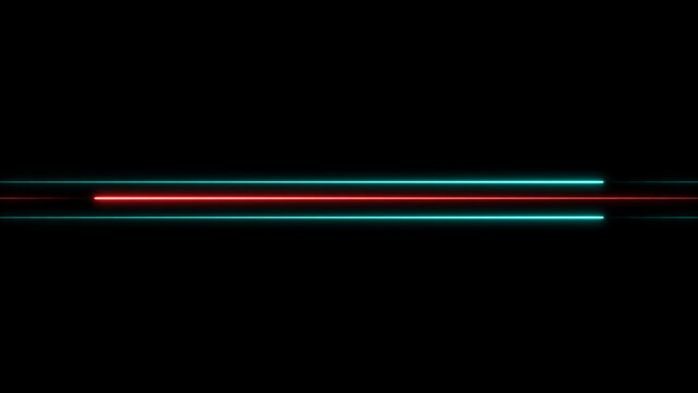 Horizontal neon lines on black background represent abstract design. Horizontal neon lines for dual color layout. Horizontal neon lines background for futuristic graphic interface details.