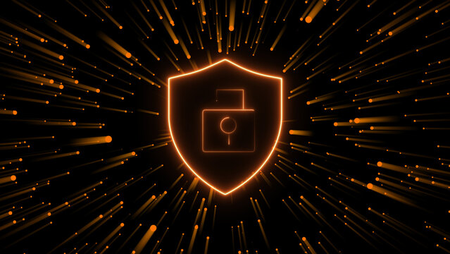 Orange shield with unlocked padlock and light streaks. This orange shield visualizes digital security. Orange shield for cyber security and technology themes.