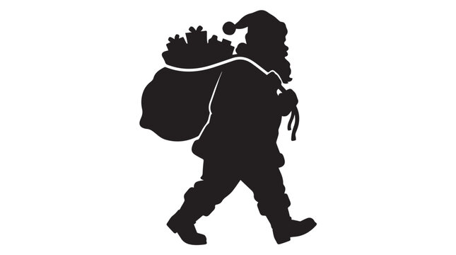 Vactors Vector silhouette of Santa Claus figure walking. Black Christmas man clip art carrying gifts sack. Holiday design element EPS