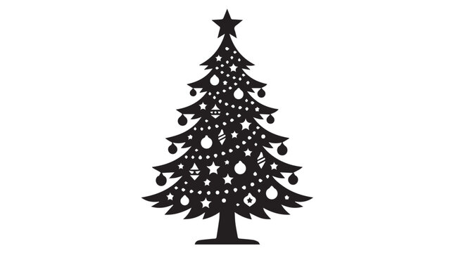 Vactors Minimalist Black Christmas Tree Silhouette Vector. Festive fir tree icon with star. Holiday graphic element for invitations, greeting cards, logos, and web design. EPS