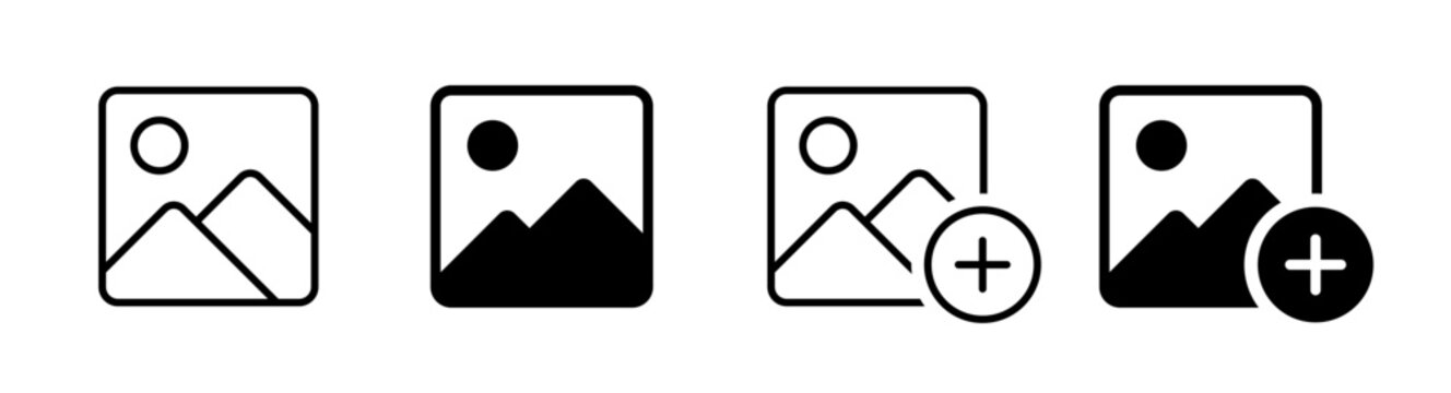 Image gallery and add photo icon set. Picture placeholder, media file upload, landscape frame outline solid vector symbols.